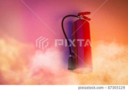 Fire extinguisher on wall with smoke Fire extinguisher on wall with smoke 87303129