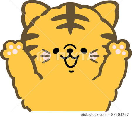 Tabby cat raising both hands Tabby cat raising both hands 87303257
