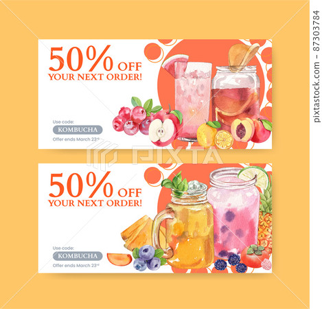 Voucher template with Kombucha drink concept,watercolor style Voucher template with Kombucha drink concept,watercolor style 87303784