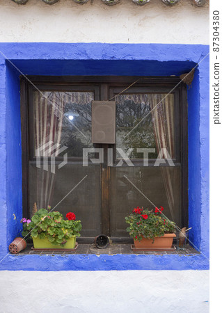 Windows on the white walls with blue borders of the restaurant and petunia flowerpots, Spain, Valencia 87304380