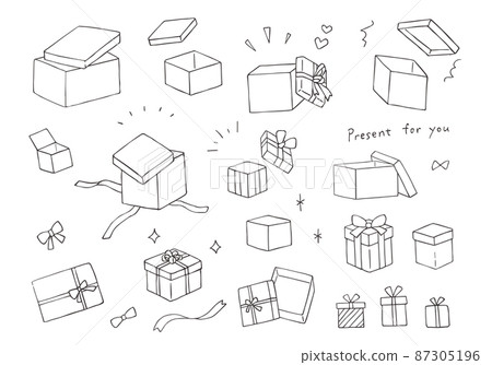 Hand-drawn illustrations of various present boxes (monochrome) 87305196