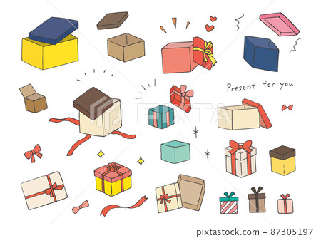 Hand-drawn illustrations (color) of various present boxes 87305197