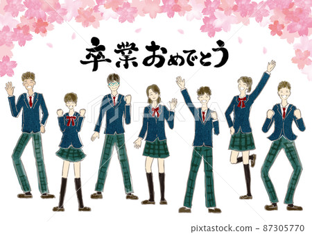 學生在製服、櫻花背景和畢業字符集的祝賀 87305770
