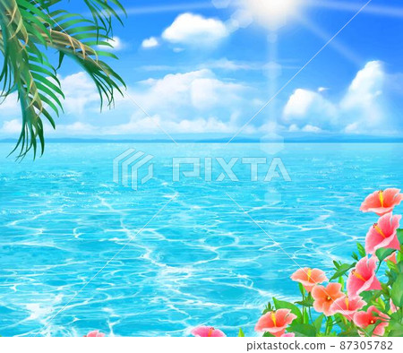 Summer fashionable frame background material with palm trees and hibiscus blooming along the beautiful sea under the blue sky where the sun shines Summer fashionable frame background material with palm trees and hibiscus blooming along the beautiful sea under the blue sky where the sun shines 87305782