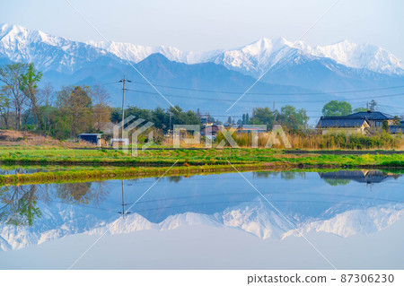 Paddy fields and water mirrors in Azumino in early summer [Nagano Prefecture] 87306230
