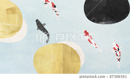 Japanese modern illustration image of a carp swimming gracefully in a pond with stepping stones in a Japanese garden 87306561