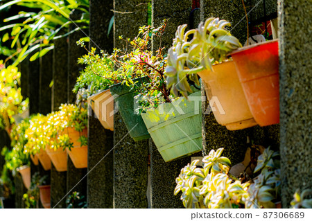 五顏六色的花盆排列在路邊 87306689