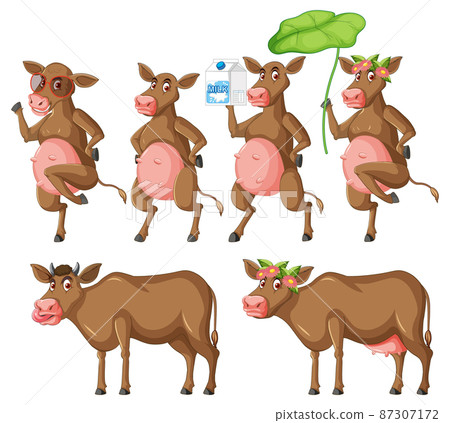 Set of different poses of milk cows cartoon characters Set of different poses of milk cows cartoon characters 87307172