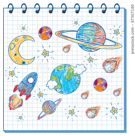 A notebook with a doodle sketch design with colour at the cover page 87307180