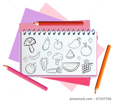 Hand drawn doodle icons on notebook page Hand drawn doodle icons on notebook page 87307706
