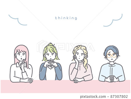 一個年輕女子一邊思考一邊交換意見的形象插圖 87307802