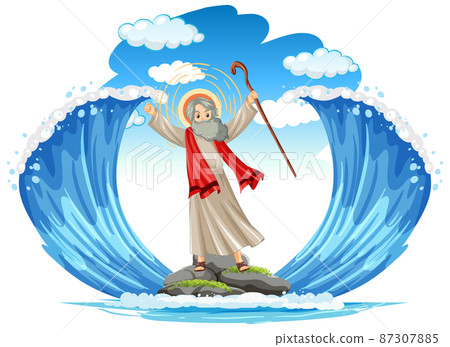 Moses cartoon character with red sea background 87307885