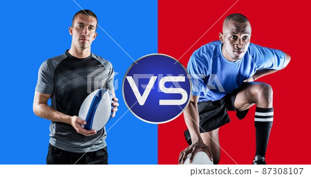 Confident caucasian and african american male rugby players with ball against dual tone background 87308107