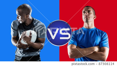 African american and caucasian young male rugby players standing against dual tone background African american and caucasian young male rugby players standing against dual tone background 87308114