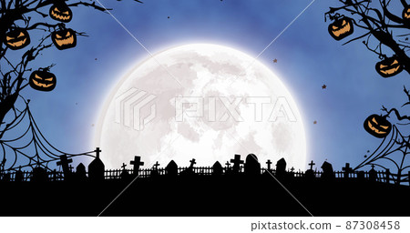 Image of jack o lanterns hanging on branches, halloween cemetery and moon on blue background Image of jack o lanterns hanging on branches, halloween cemetery and moon on blue background 87308458