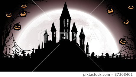 Image of jack o lanterns hanging on branches and halloween houses on blue background 87308461