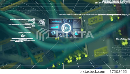 Image of screen with scope scanning and data processing over close up of computer server Image of screen with scope scanning and data processing over close up of computer server 87308463