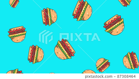 Image of multiple cheeseburgers floating on blue background Image of multiple cheeseburgers floating on blue background 87308464