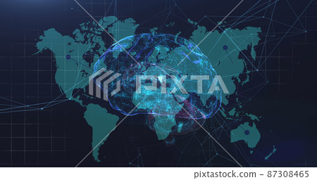 Human brain spinning against network of connection over world map on blue background Human brain spinning against network of connection over world map on blue background 87308465