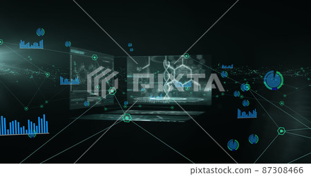 Image of network of connections and statistics recording over medical data processing on screens Image of network of connections and statistics recording over medical data processing on screens 87308466