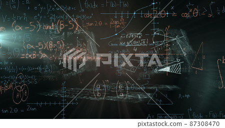 Digital image of mathematical equations, symbols and diagrams against green background Digital image of mathematical equations, symbols and diagrams against green background 87308470