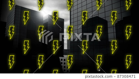 Digital image of multiple thunderbolt icons in seamless pattern against tall buildings Digital image of multiple thunderbolt icons in seamless pattern against tall buildings 87308471