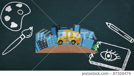 Digital image of multiple art concept icons over school bus icon against blue background Digital image of multiple art concept icons over school bus icon against blue background 87308474