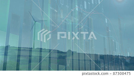 Image of statistics and data processing over wind turbines in countryside landscape Image of statistics and data processing over wind turbines in countryside landscape 87308475