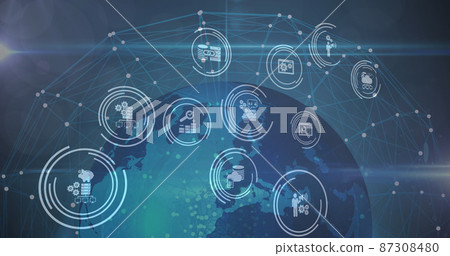Image of network of connections with icons over globe Image of network of connections with icons over globe 87308480