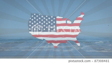 American flag waving over us map over radial stripes against view of the beach American flag waving over us map over radial stripes against view of the beach 87308481