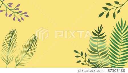 Image of tropical plant leaves on yellow background 87308488