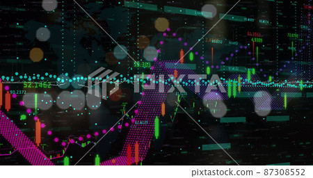 Image of financial data processing over out of focus city road lights Image of financial data processing over out of focus city road lights 87308552
