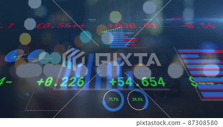 Image of statistics and numbers processing over out of focus cityscape Image of statistics and numbers processing over out of focus cityscape 87308580