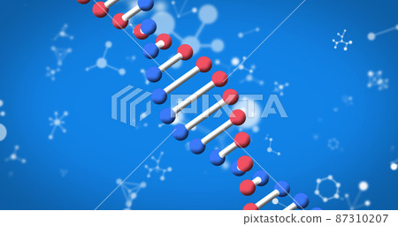Image of dna strand spinning and molecules on blue background Image of dna strand spinning and molecules on blue background 87310207