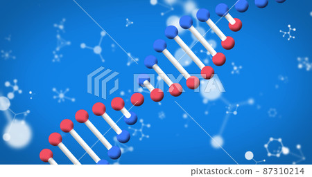 Image of dna strand spinning and molecules on blue background Image of dna strand spinning and molecules on blue background 87310214