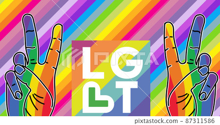 Digital image of lgbt text and two rainbow colored hand peace signs against rainbow background 87311586
