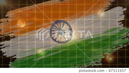 Image of bitcoin symbols flowing over flag of india in background Image of bitcoin symbols flowing over flag of india in background 87311937