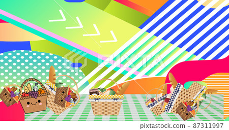 Image of picnic baskets on gingham tablecloth over abstract pattern background Image of picnic baskets on gingham tablecloth over abstract pattern background 87311997