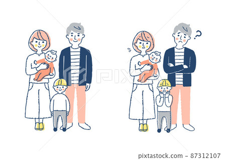 A young family with two children, a troubled expression and a smiling expression, whole body A young family with two children, a troubled expression and a smiling expression, whole body 87312107