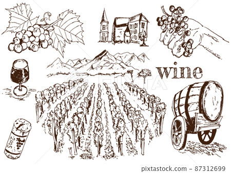 葡萄酒田及各種手繪素材 87312699