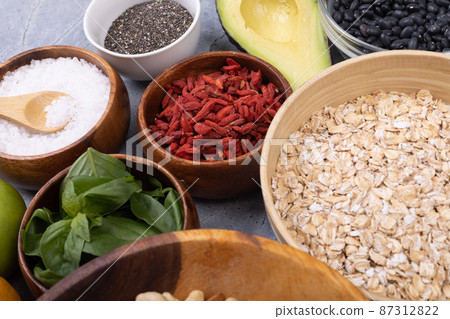 High angle view of various food and ingredient on table, copy space 87312822