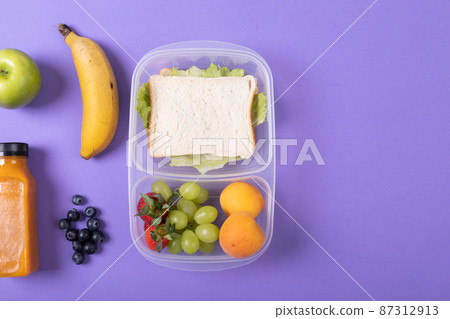 Directly above shot of fruits and juice bottle by sandwich in tiffin box on purple background 87312913