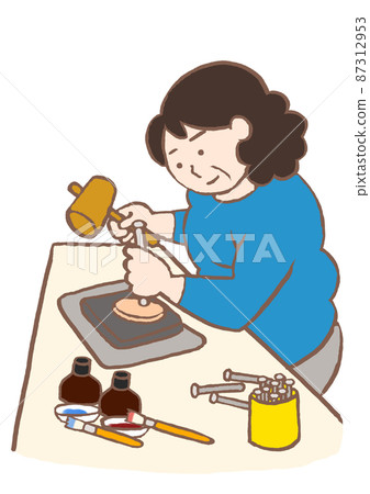 Illustration of a woman with schizophrenia participating in a psychiatric occupational therapy leather work program 87312953
