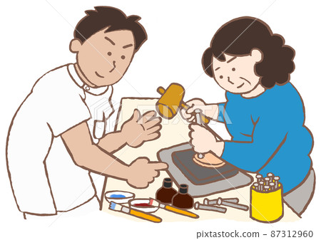 一名患有精神分裂症的婦女和一名職業治療師參加精神科職業治療皮革工作計劃的插圖 87312960