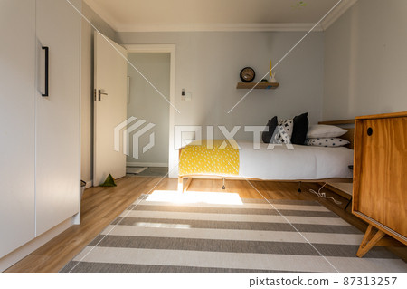 Carpet by bed in bedroom at home on sunny day 87313257