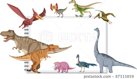 Group of dinosaurs around note on white background Group of dinosaurs around note on white background 87313859
