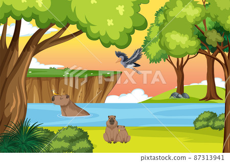 Scene with wombats and bird by the lake 87313941