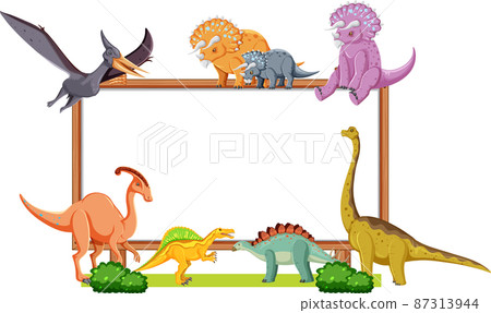 Group of dinosaurs around board on white background 87313944