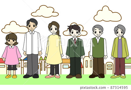 Family of six side by side and cityscape 87314595