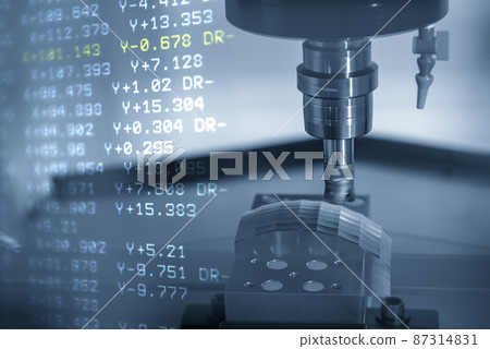 The abstract scene CNC milling machine rough cutting the injection mold parts and G-code data background. The abstract scene CNC milling machine rough cutting the injection mold parts and G-code data background. 87314831
